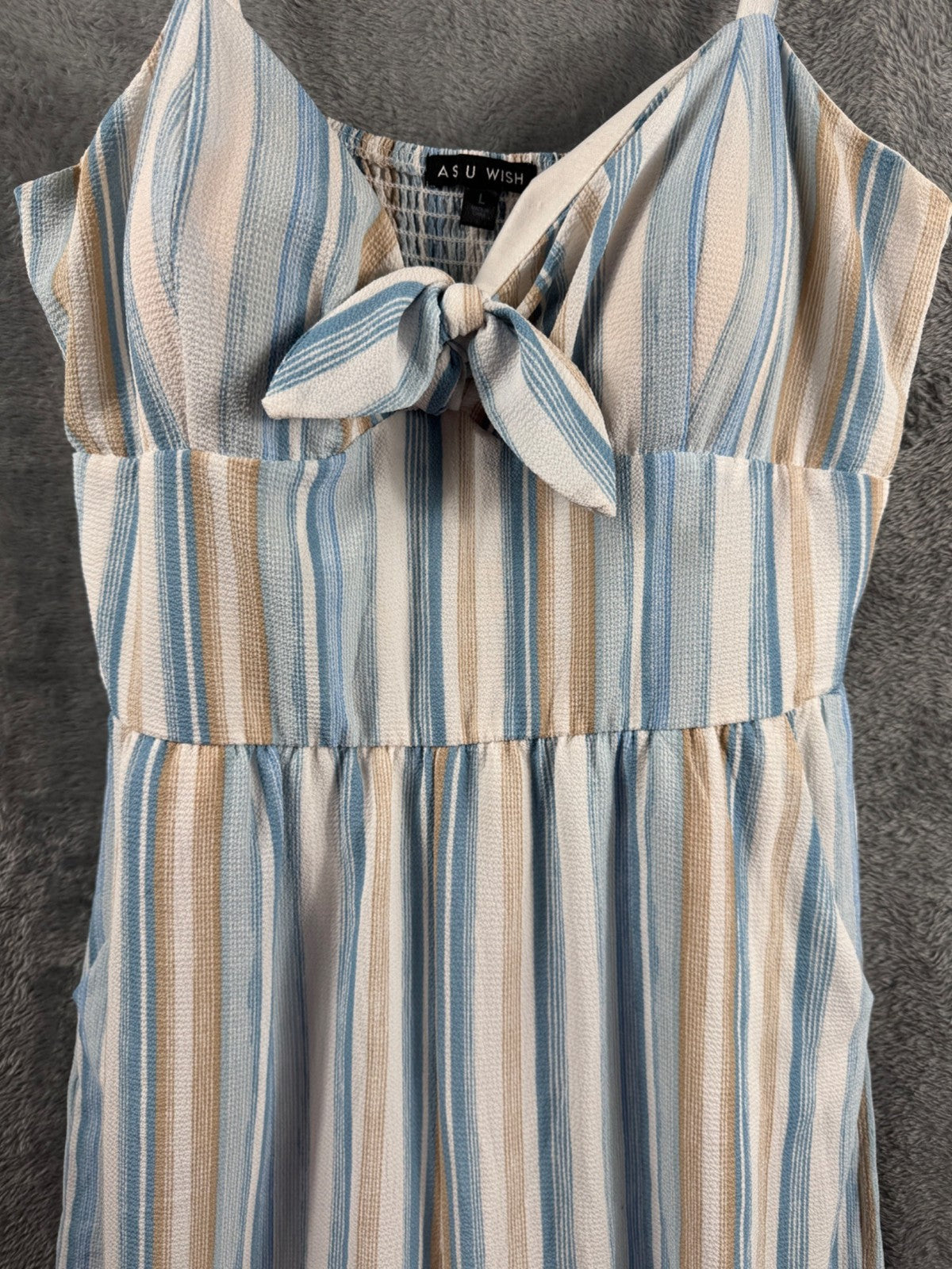 Striped Jumpsuit With Bow Front By As U Wish Size L Blue & Beige Lightweight Wov