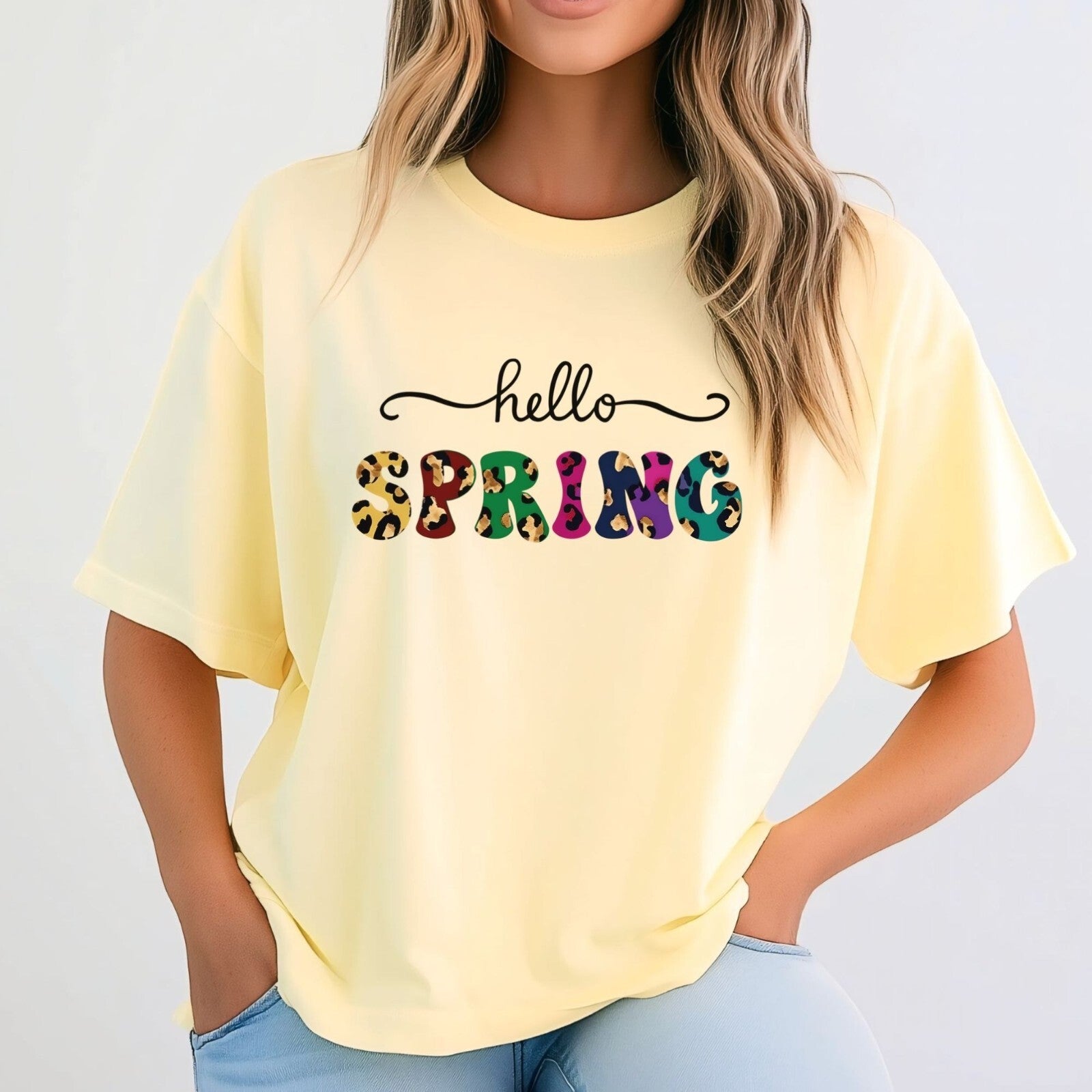Womans T Shirt Summer Shirt Hello Spring T-Shirt Pastel Colors Top