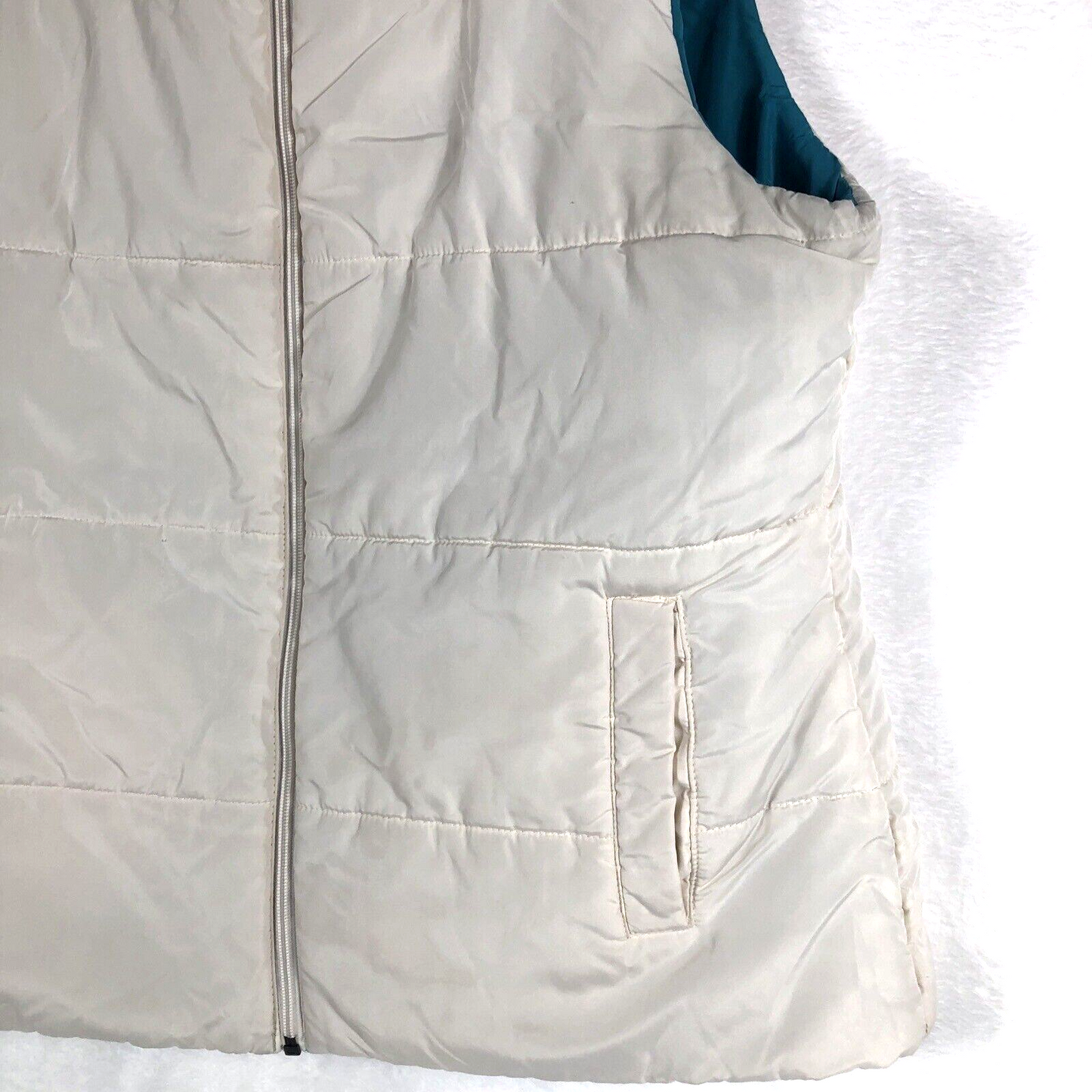 Merona Reversible Puffer Vest Womens Cream Teal Size Large Full Zip Pockets