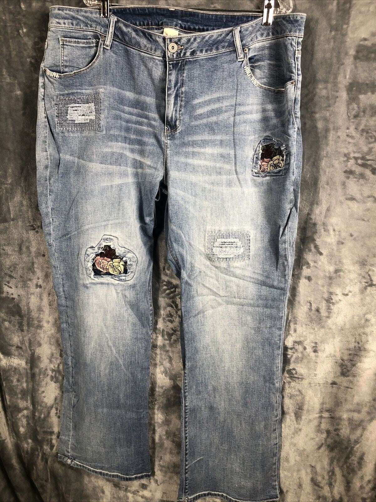 Vintage Distressed Womans Jeans Blue Denim With Floral Patchwork