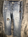 Vintage Distressed Womans Jeans Blue Denim With Floral Patchwork