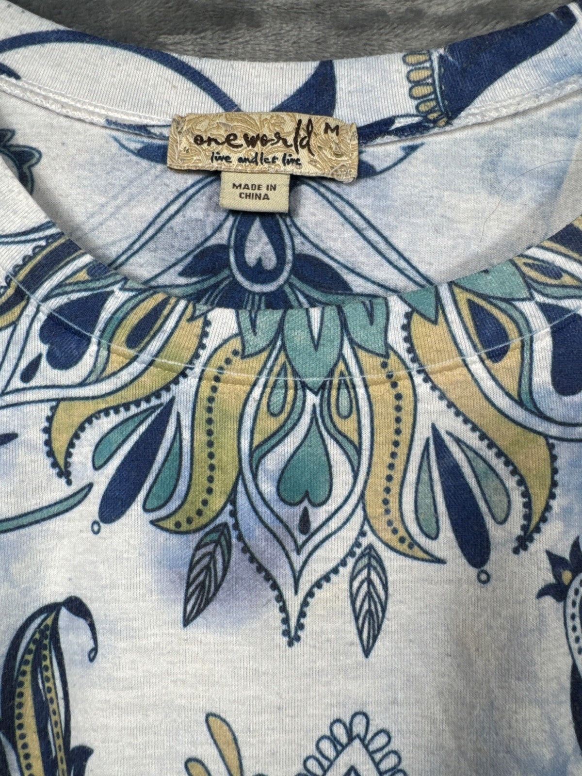 OneWorld Blouse Womens Floral Tunic Top M Blue/White 3/4 Sleeve Boho Print Shirt
