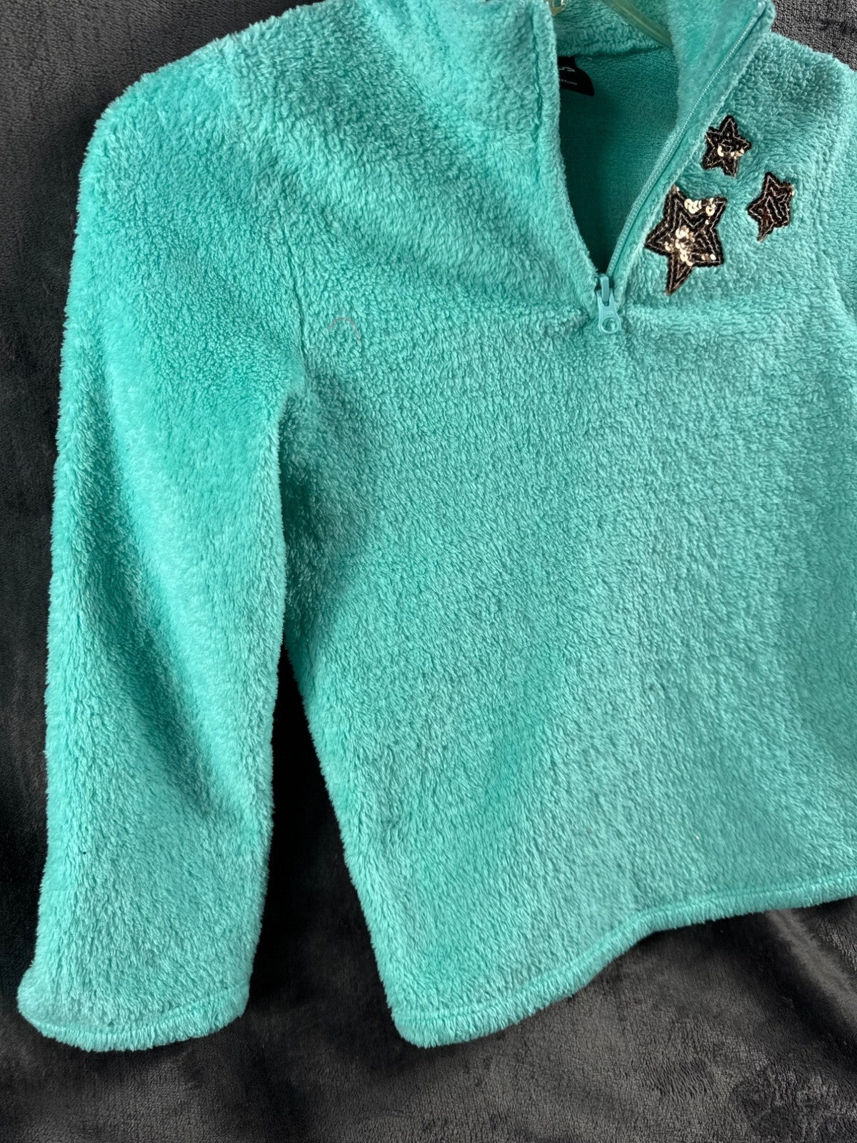 Zelos Kids Turquoise Fuzzy Pullover With Star Embroidery Cozy Half-Zip Size S