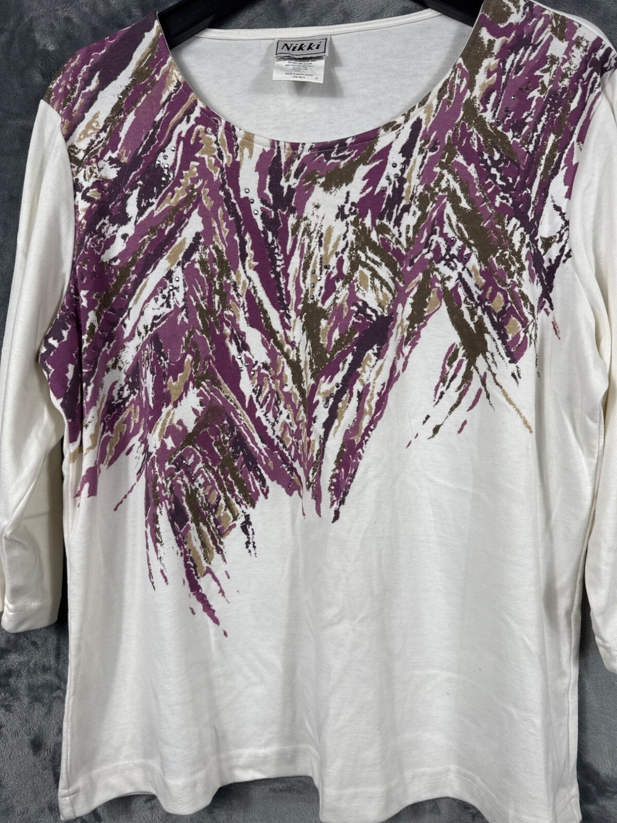 Nikki Womens Blouse Abstract Print Top L 3/4 Sleeve Cotton/Poly Blend Shirt