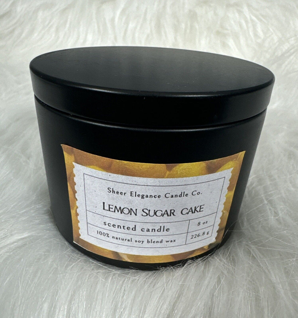 8 Oz Candle Lemon Sure Cake Max Scented Coconut Soy Blend Wax Black Tin