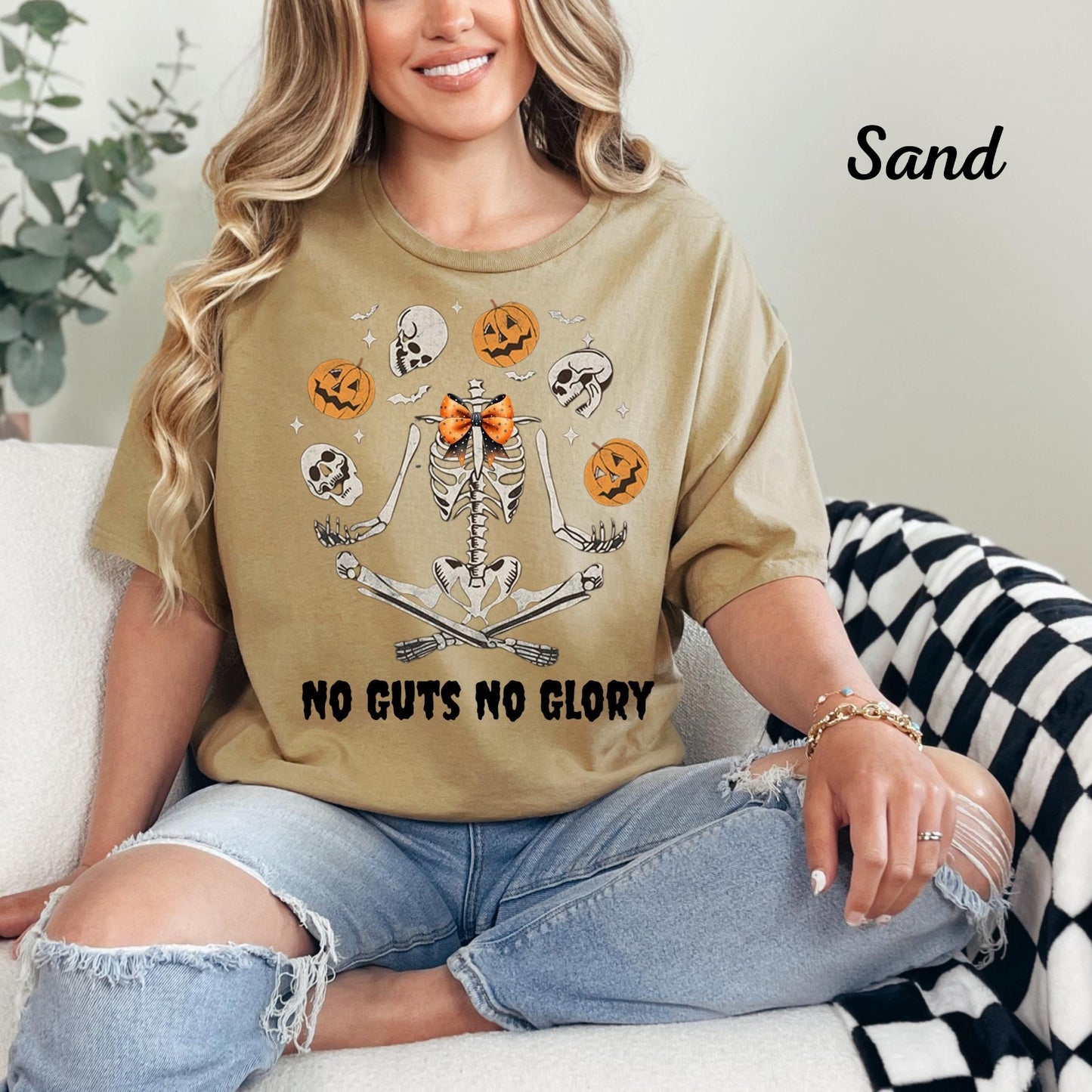 Womans T Shirt No Guts No Glory Tee Skeleton Shirt Spooky Season Halloween Gift