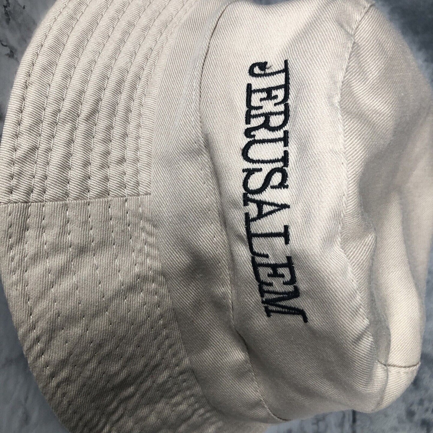 Jerusalem Embroidered Beige Bucket Hat With Back Zip & Inner Pocket