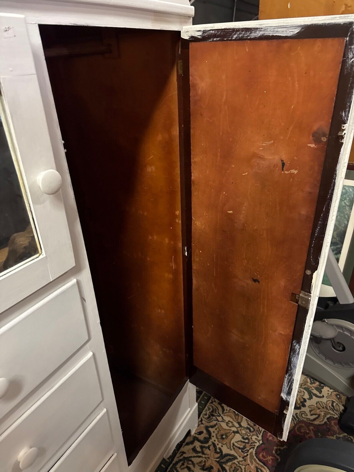 Antique White Wood Wardrobe Armoire With Mirror Door & Drawers