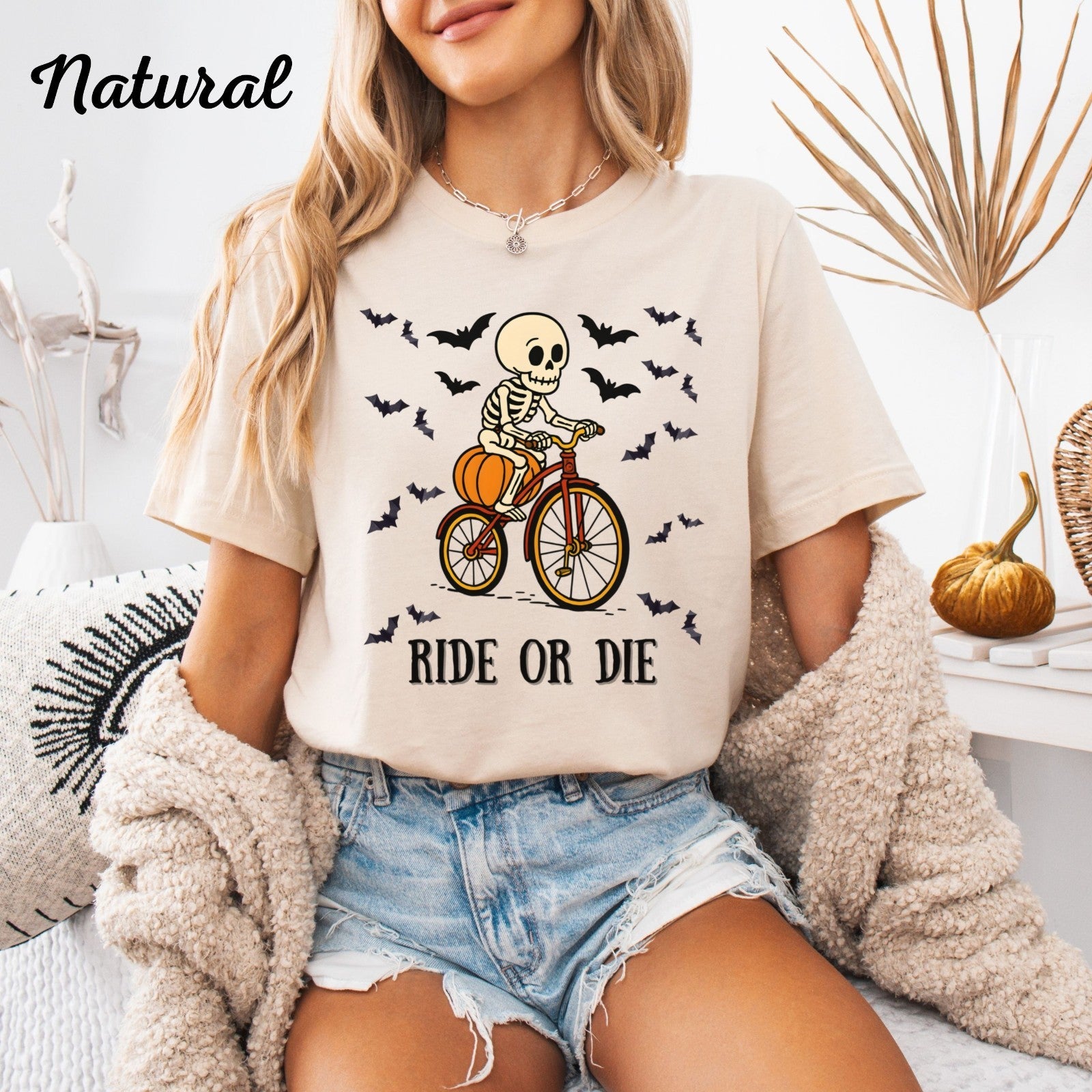 Womans Halloween T Shirt Bone to Ride Shirt  Skeleton on a Bike Skull Funny Tee