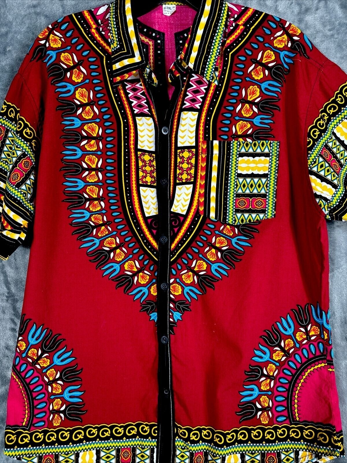 African Fabrics Floral Red Yellow Blue Indigo Stylish Top Blouse Women 2 X-Large