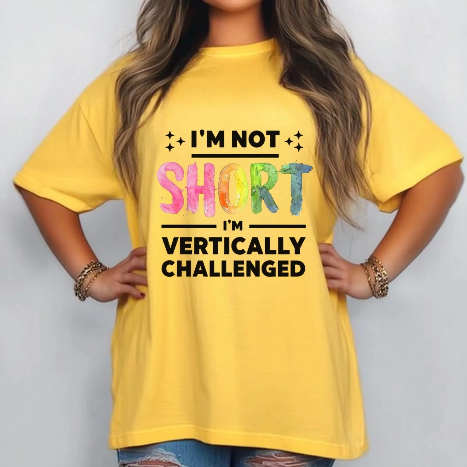 Womans T Shirt Funny "Im Not Short Im Vertically Challenged" Shirt Fun Top