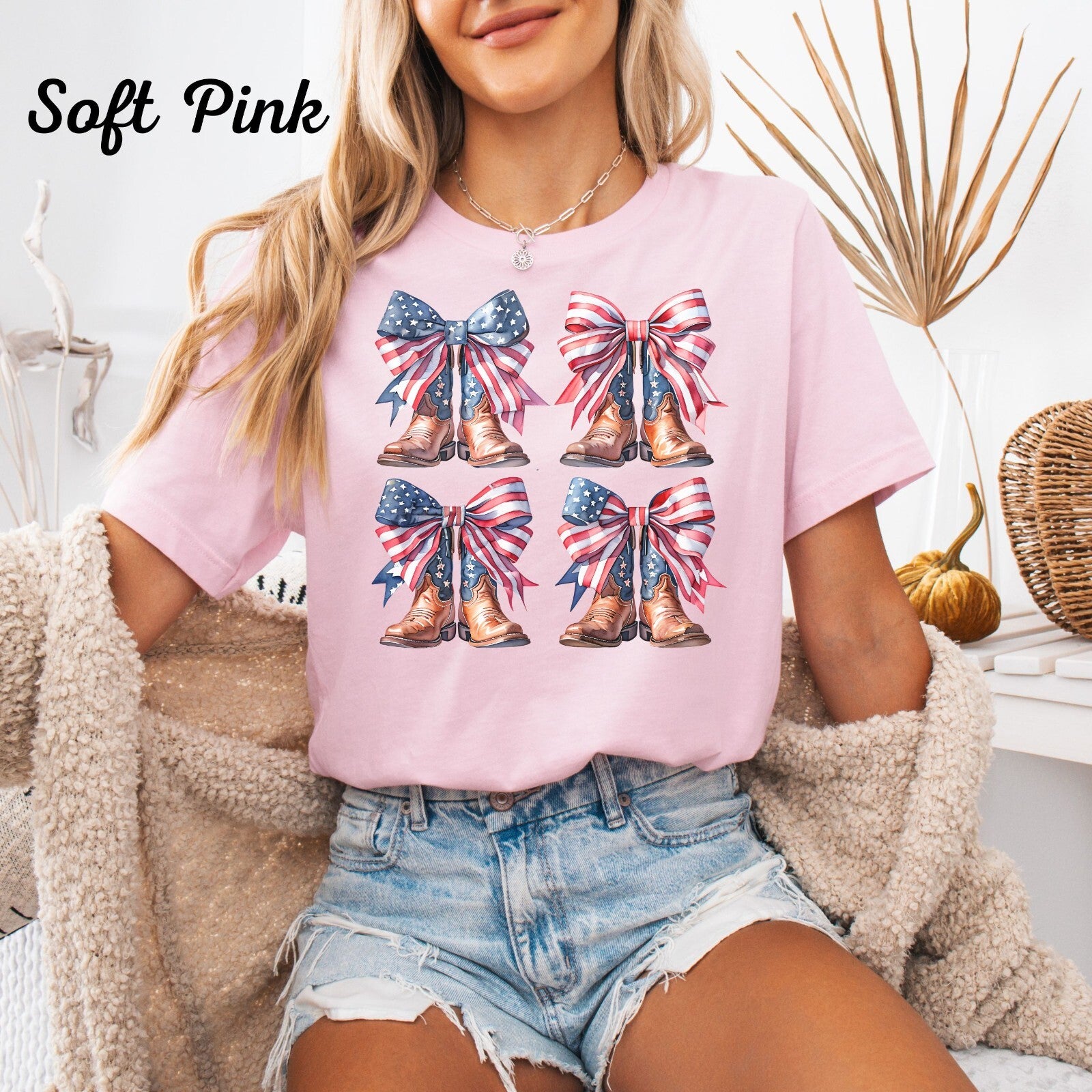Womans T Shirt 4th of July American Flag Cowgirl Coquette Boots Top