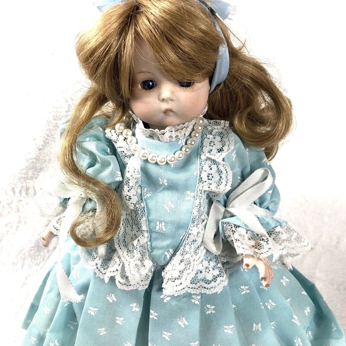 Vintage Porcelain Doll With Blue Dress & Pearls