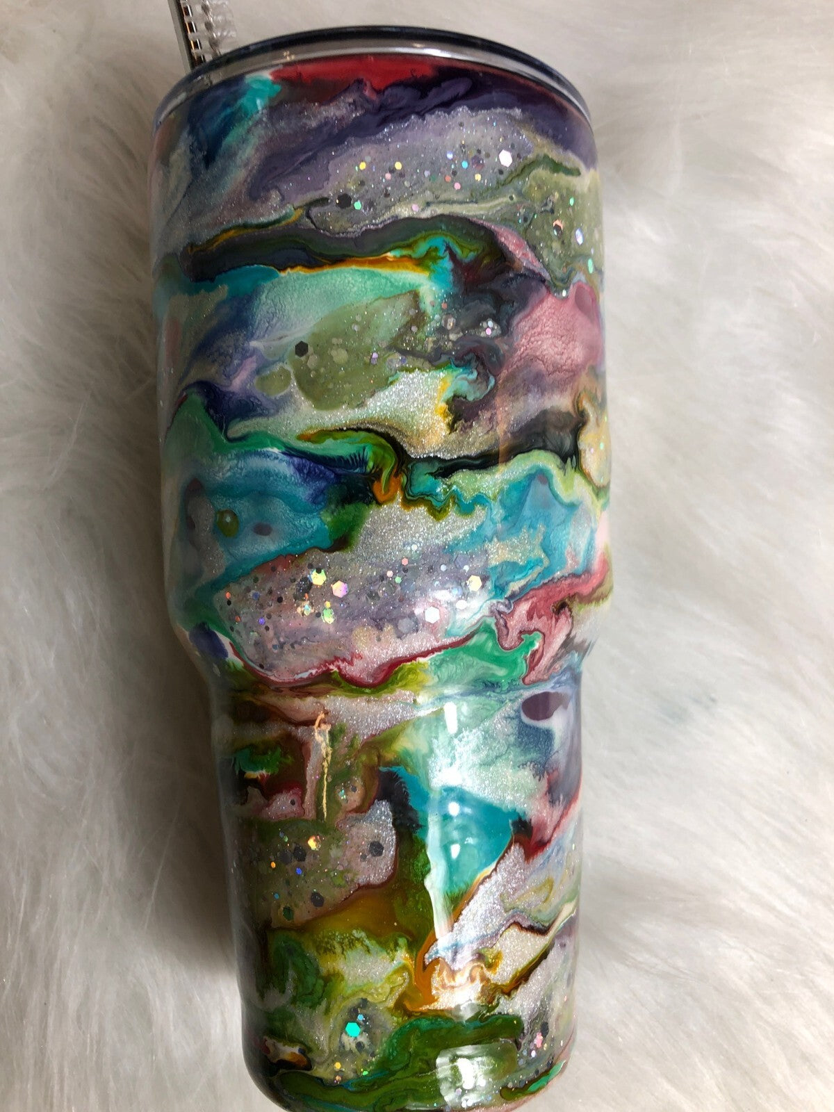 Alcohol Ink Tumbler With Lid & Straw Colorful Swirl Glitter
