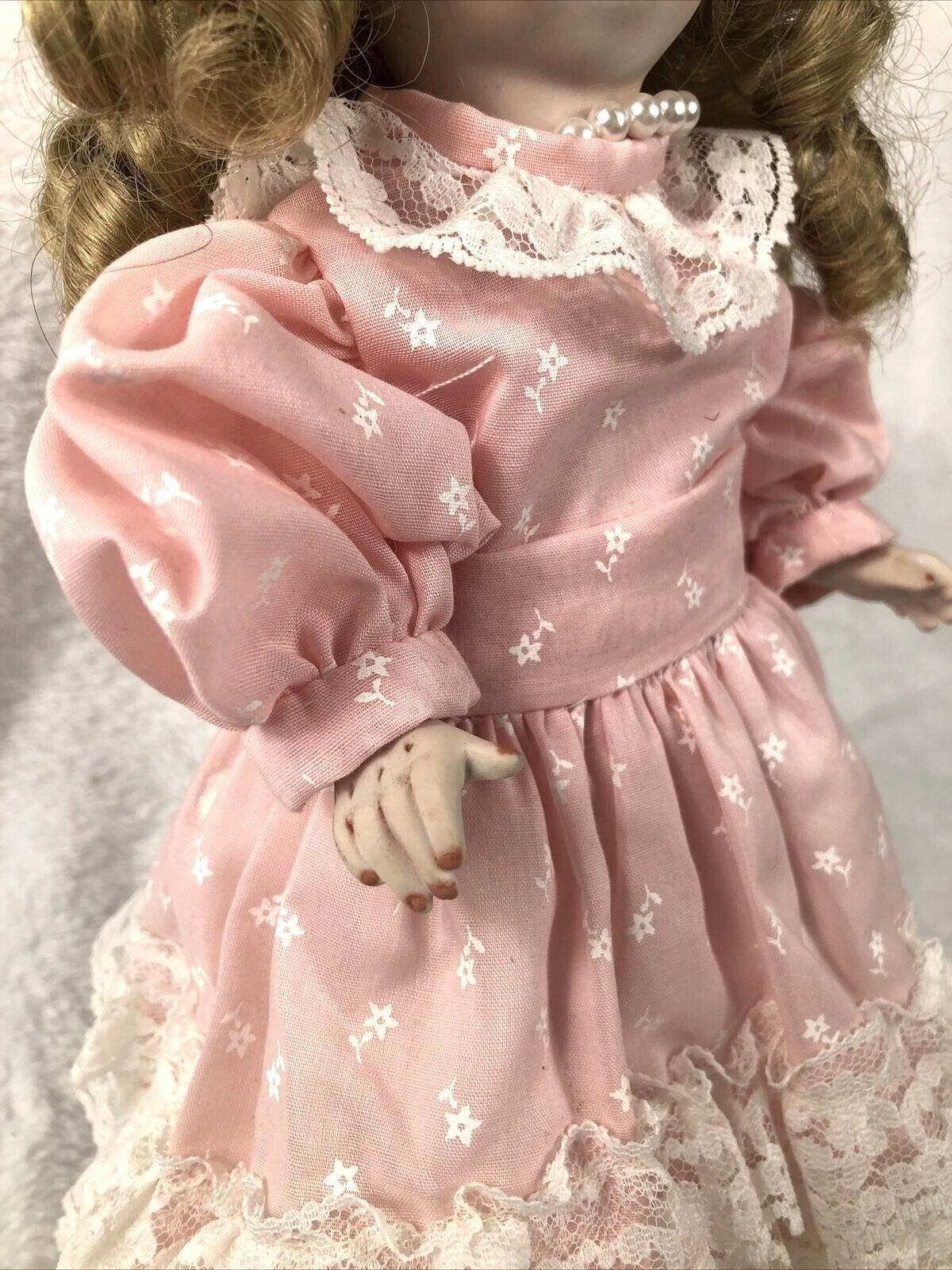Vintage Porcelain Doll With Curly Hair & Pink Lace Dress