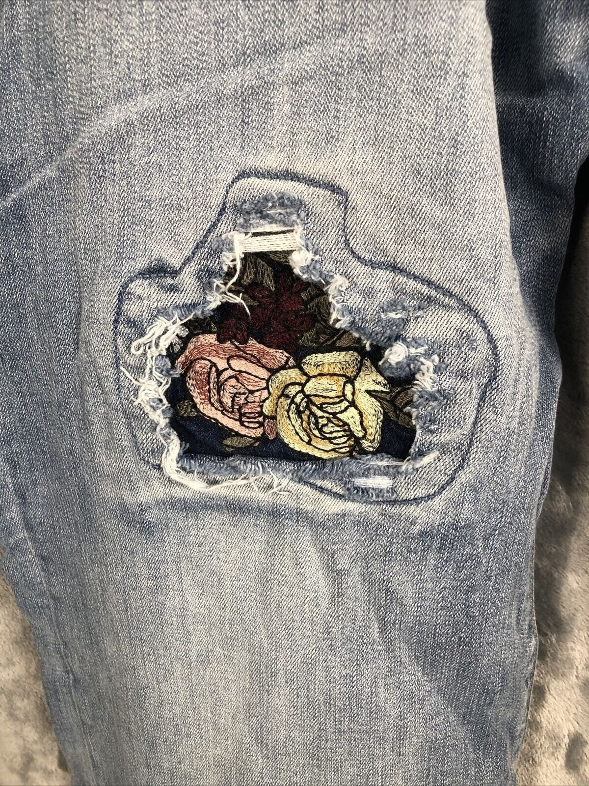 Vintage Distressed Womans Jeans Blue Denim With Floral Patchwork