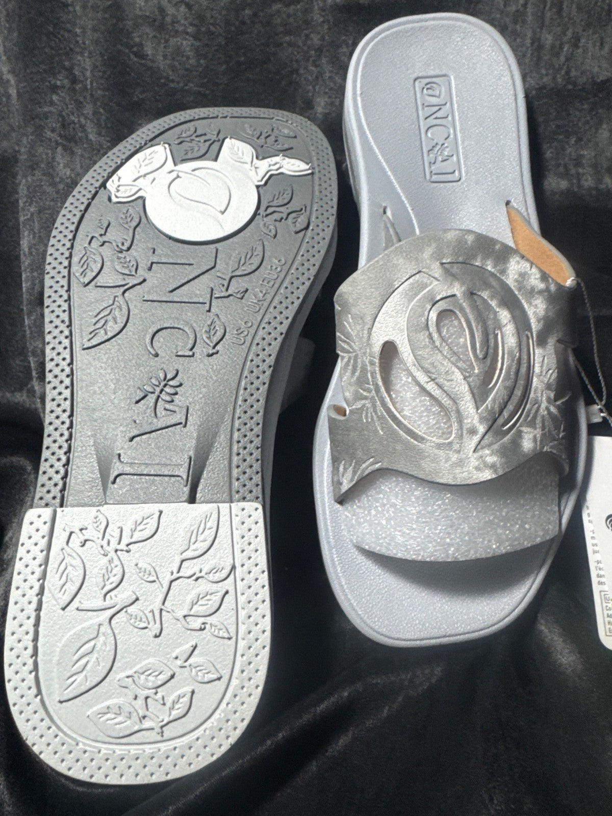 Womens Silver Slip-On Sandals By Oncai With Stylish Cut-Out Design & Embossed