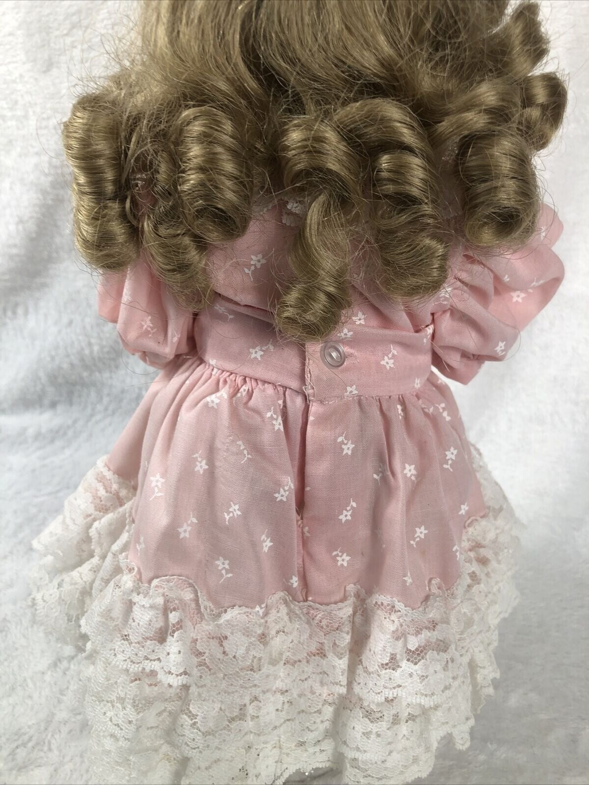Vintage Porcelain Doll With Curly Hair & Pink Lace Dress