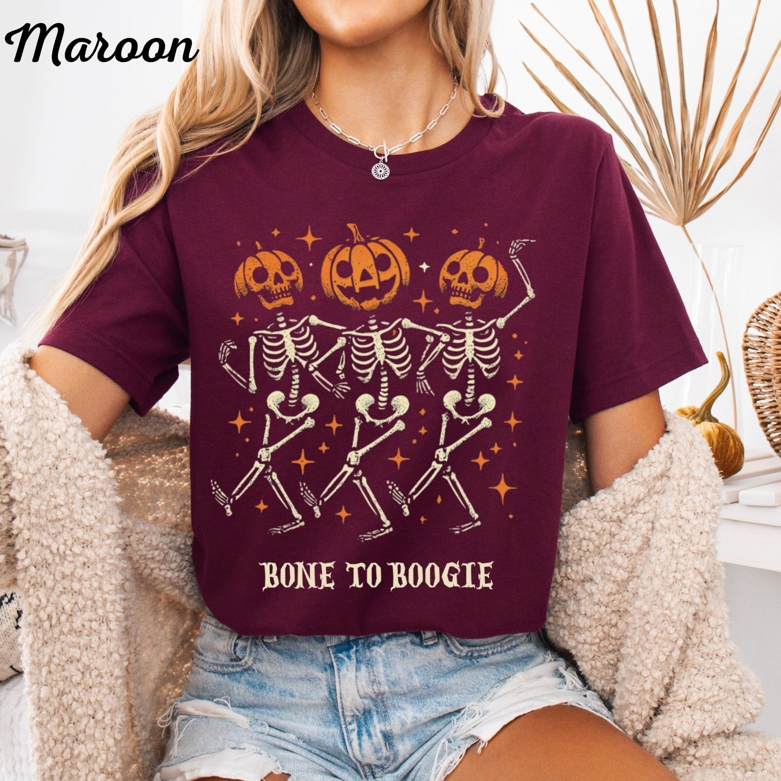 Womens Halloween T Shirt Pumpkin Skeleton Tee Spooky Season Fall Spooky Shirt 