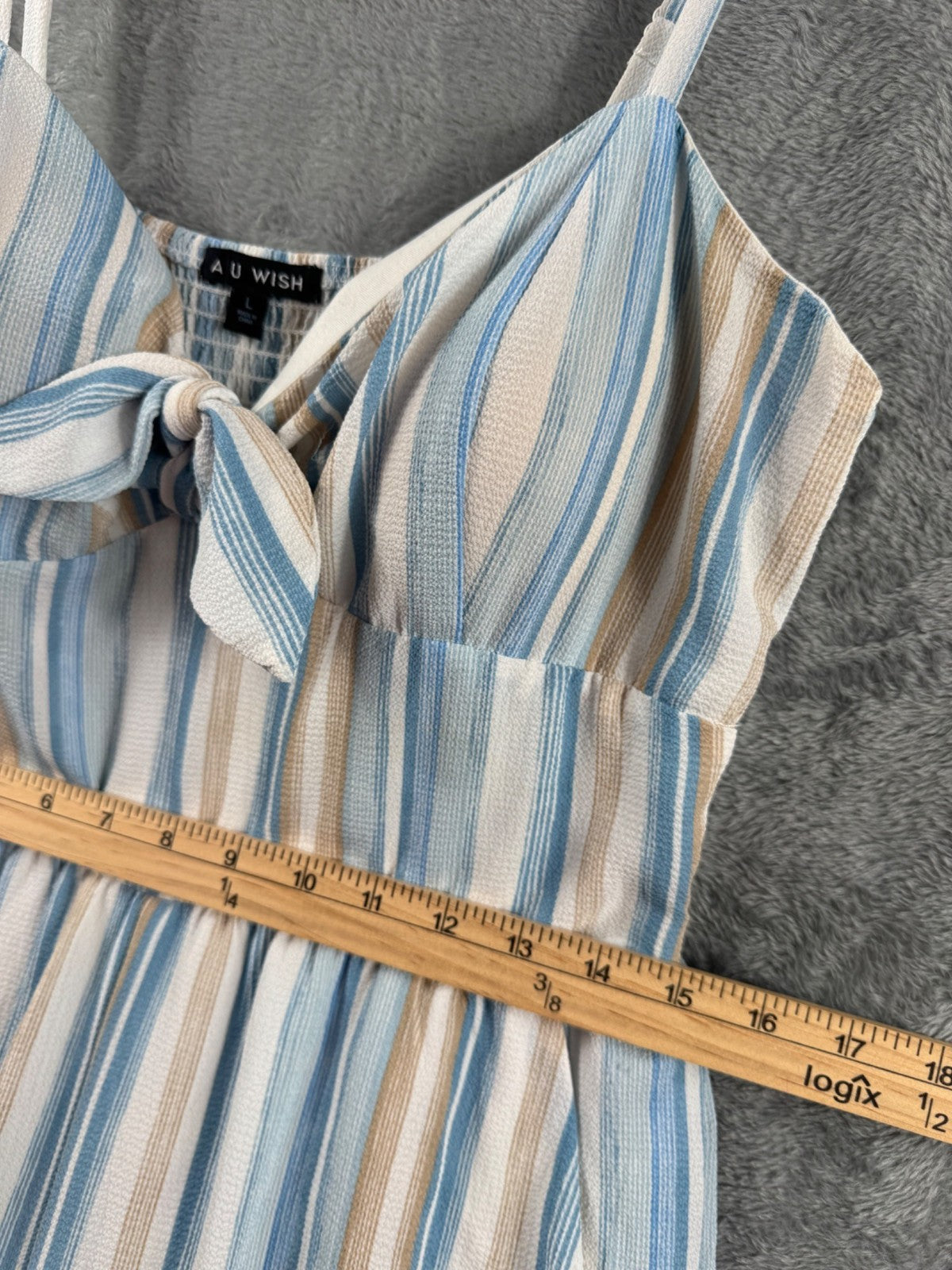 Striped Jumpsuit With Bow Front By As U Wish Size L Blue & Beige Lightweight Wov