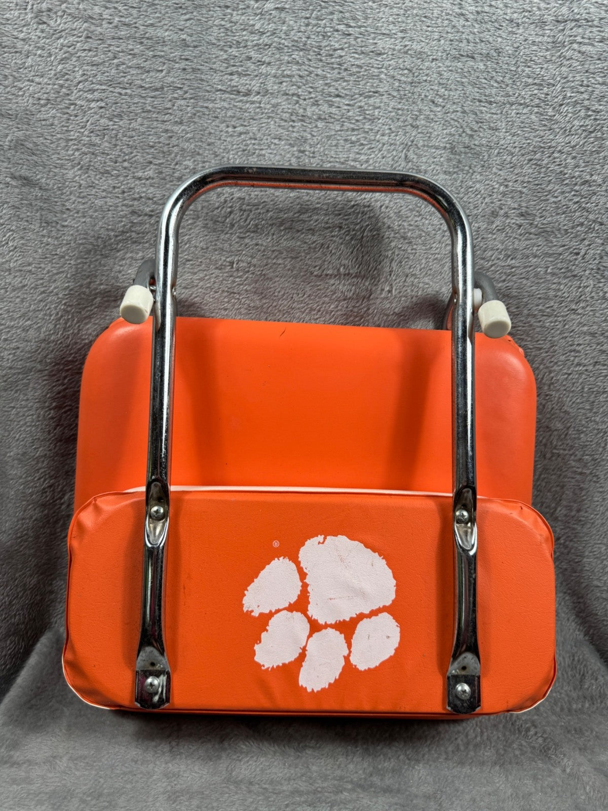 Vintage Clemson Tigers Folding Stadium Seat Orange Vinyl Cushion & White Paw