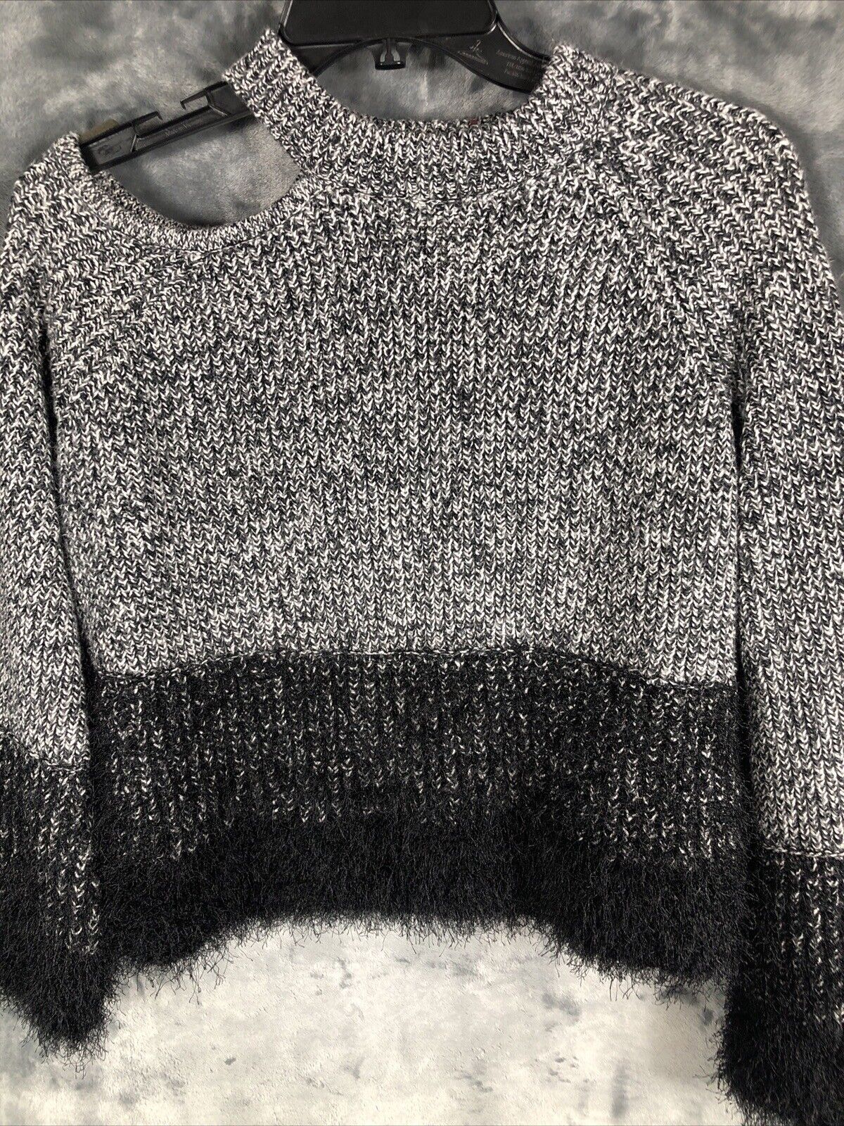 Woman's Black and White Sweater Fuzzy Trim Sleeves and Waist Size Small