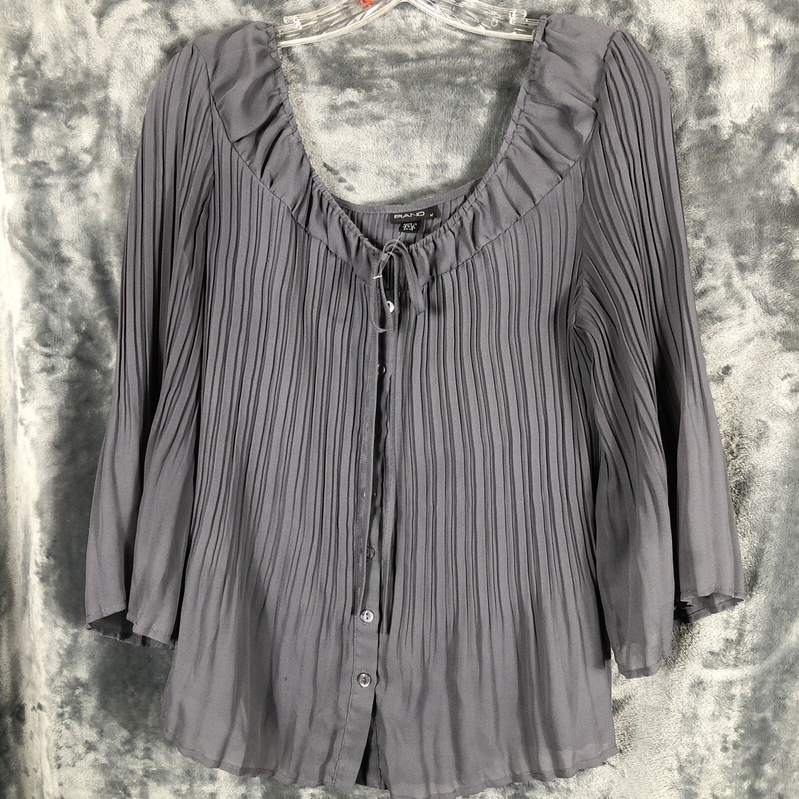 Piano Gray Pleaded Button Blouse Womens Size M