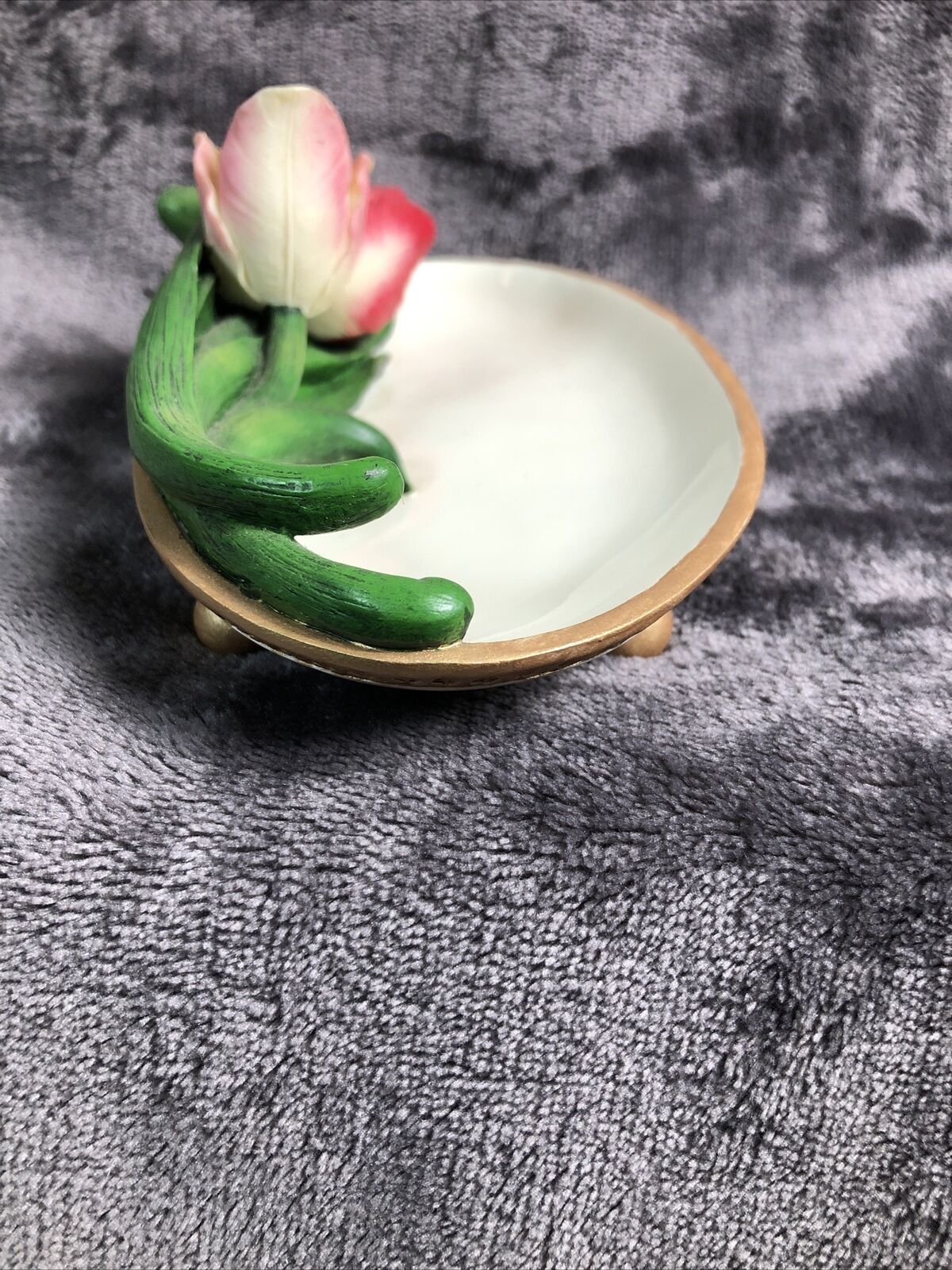 Artisan Flair Buds n Bows Pink Flowers Dish Gold Trim An Feet