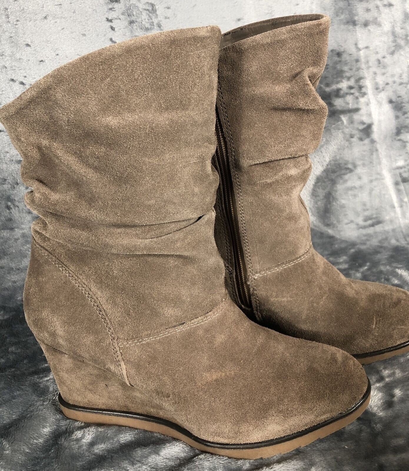 Suede Boots Woman's Wedge Heel Slouch Brown Boots With Zipper Closure & Stitch