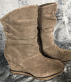 Suede Boots Woman's Wedge Heel Slouch Brown Boots With Zipper Closure & Stitch
