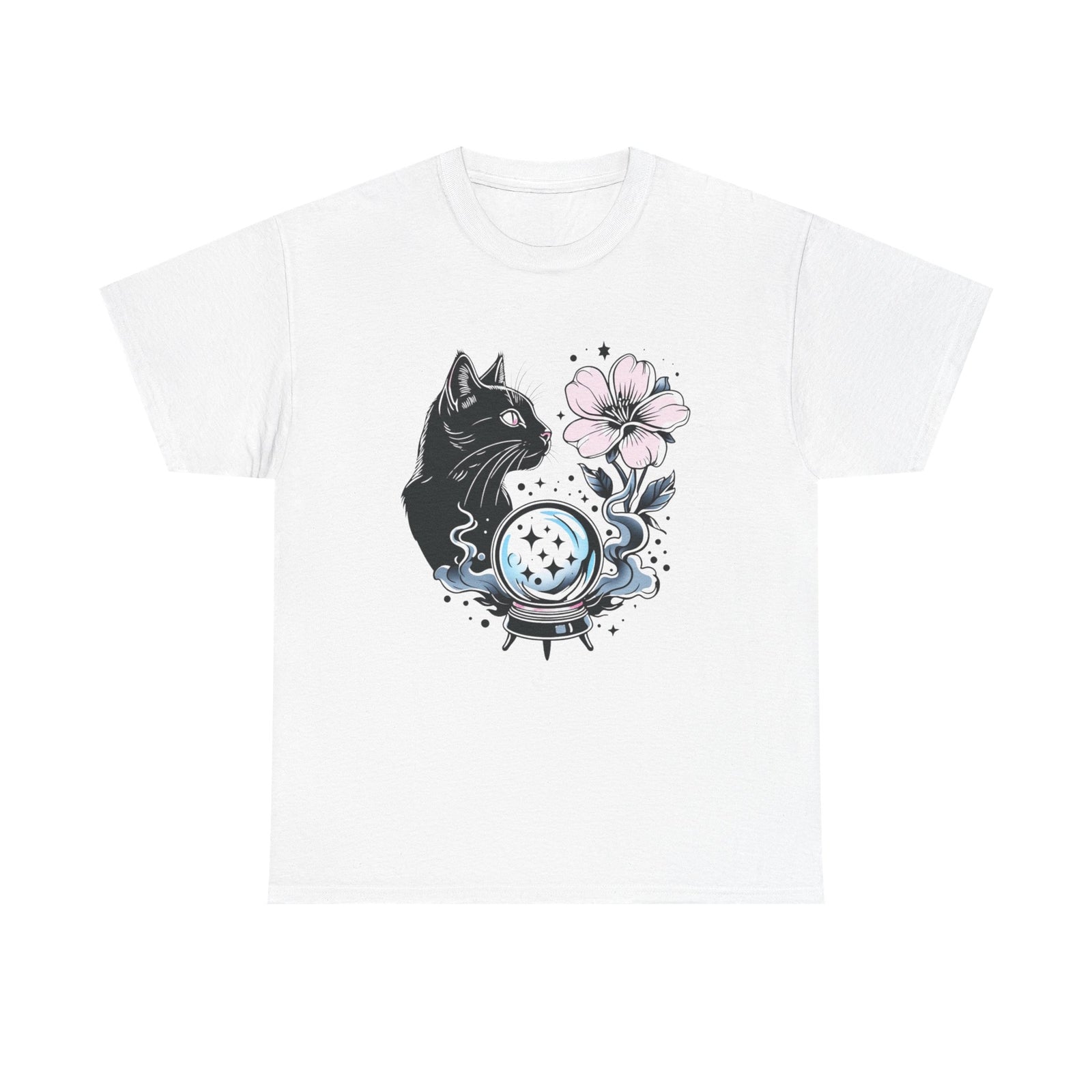 Womans Shirt Mystical Cat Celestial Moon Stars Witchy Vintage Wild Flowers Top 