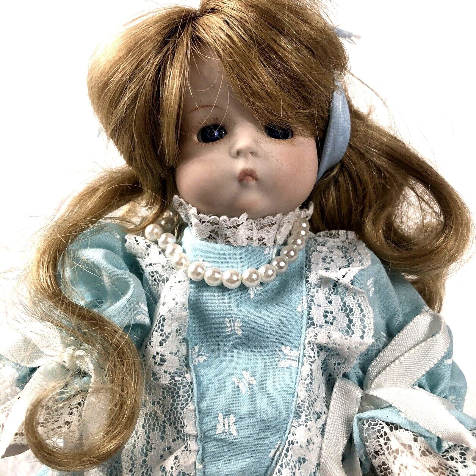 Vintage Porcelain Doll With Blue Dress & Pearls