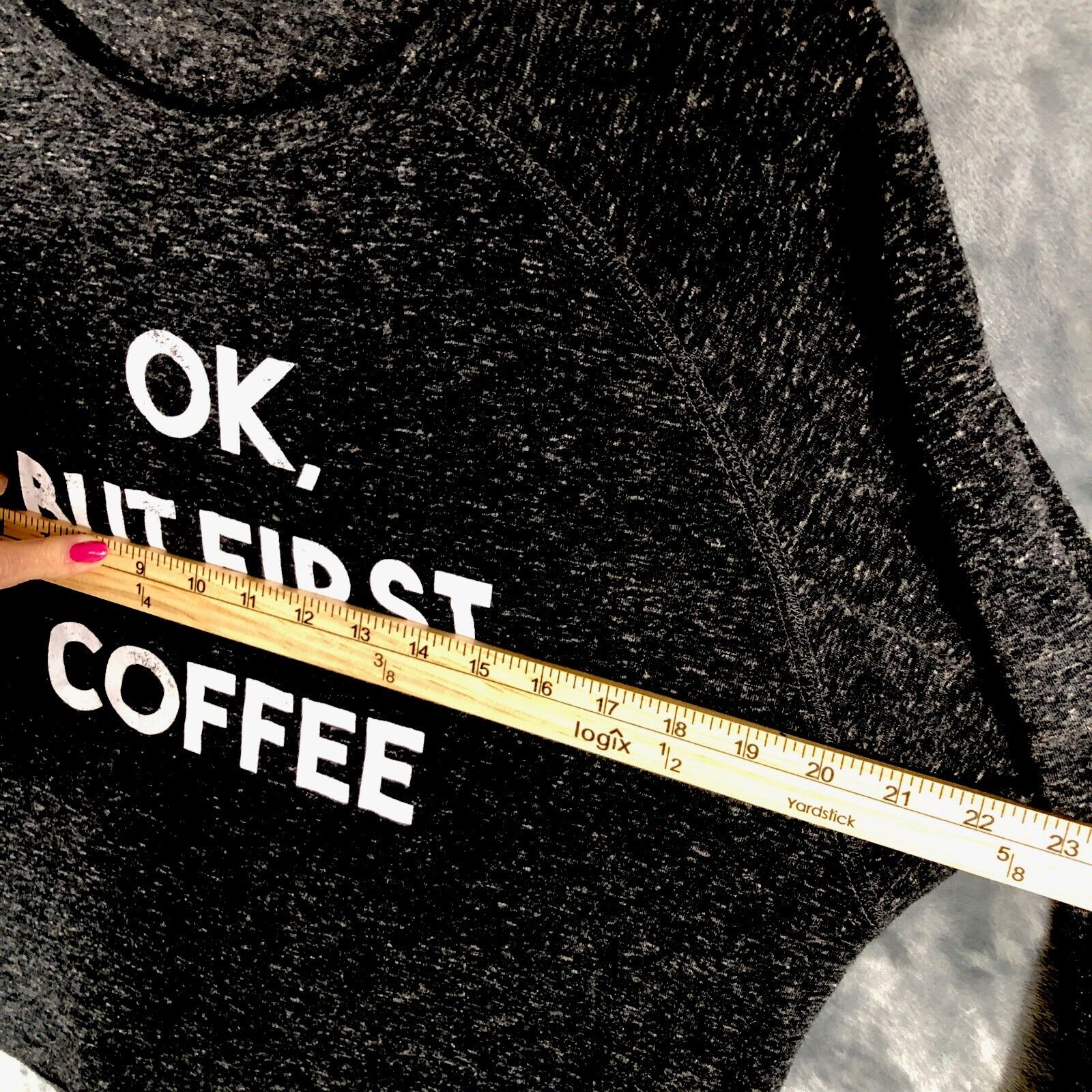 Women’s Shirt Charcoal Long Sleeve Top Ok But First Coffee Size Adult Large Tee