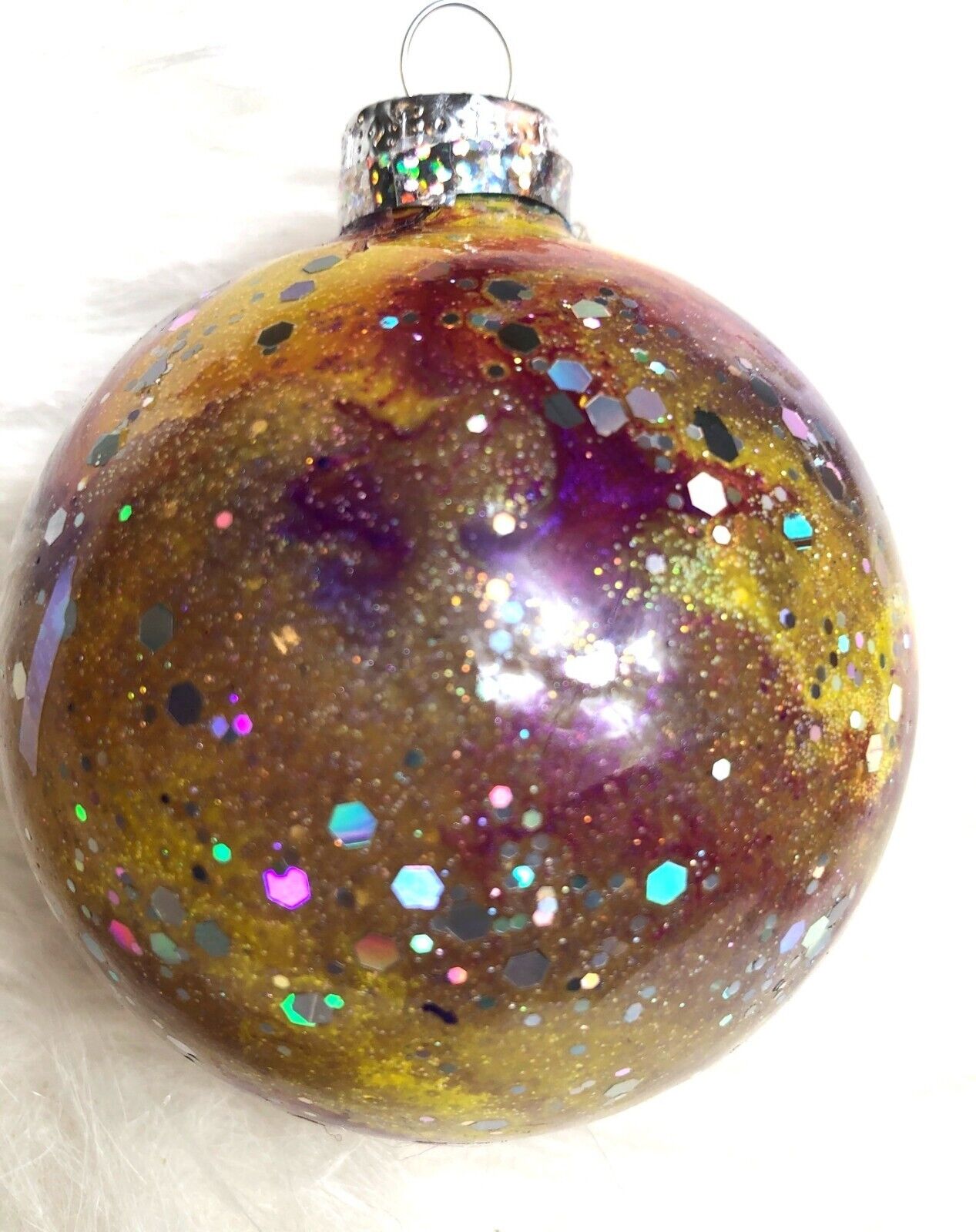 Handmade Purple & Gold Glitter Swirl Christmas Ornament Ball