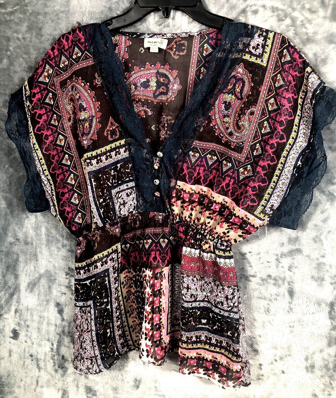 OneWorld Womens Blouse Boho Kimono Top With Lace Trim & Paisley Design