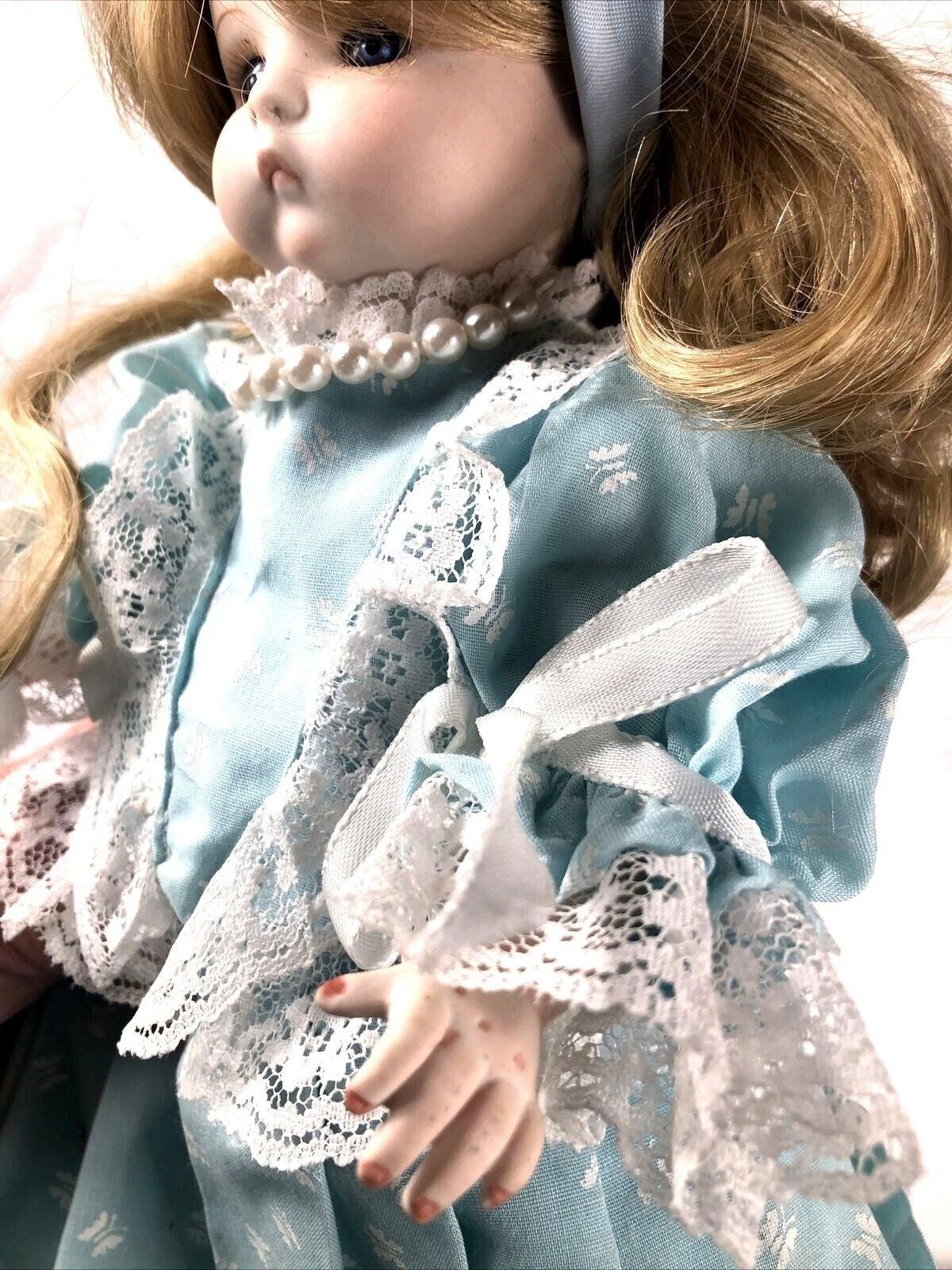 Vintage Porcelain Doll With Blue Dress & Pearls