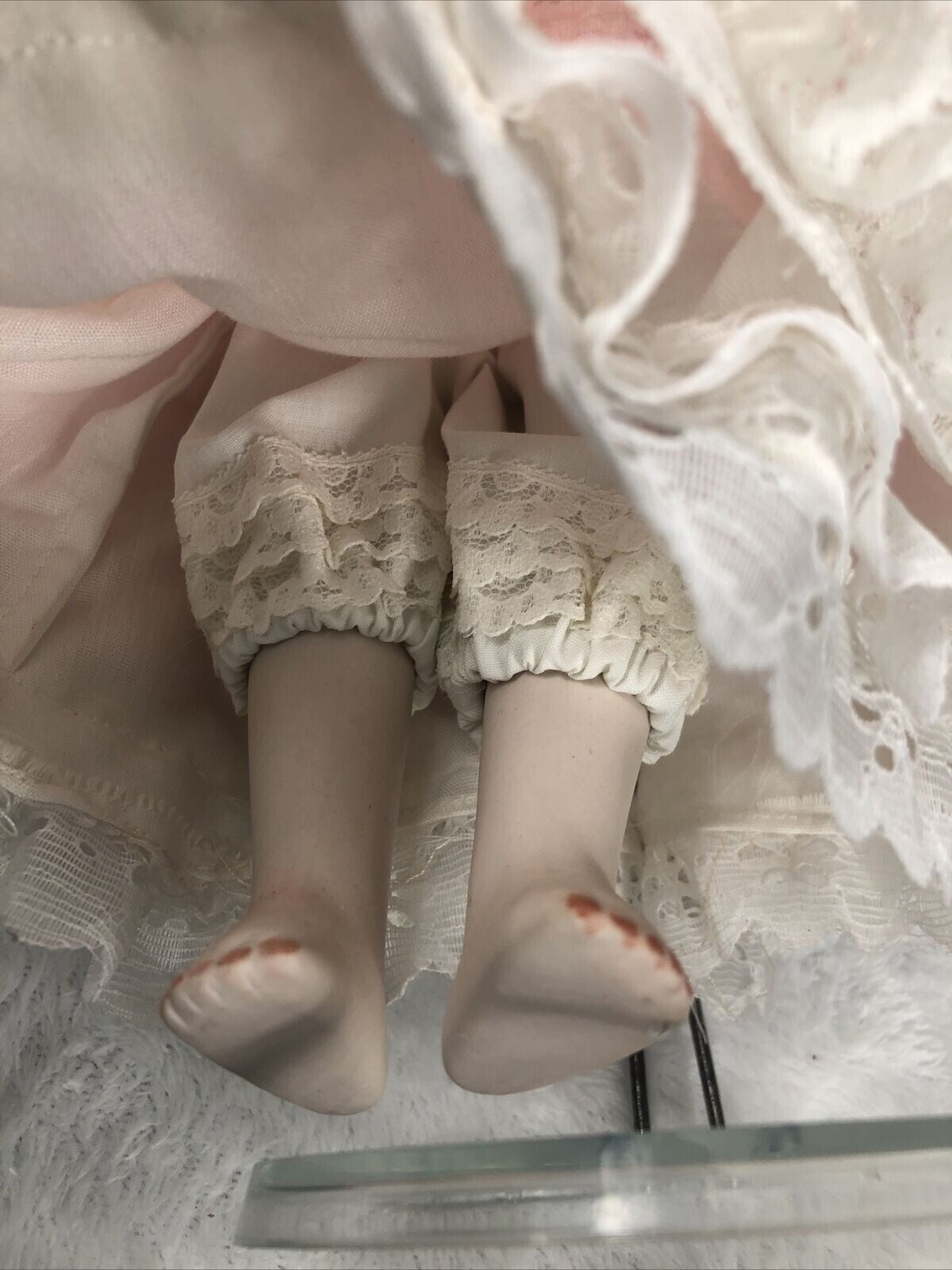 Vintage Porcelain Doll With Curly Hair & Pink Lace Dress