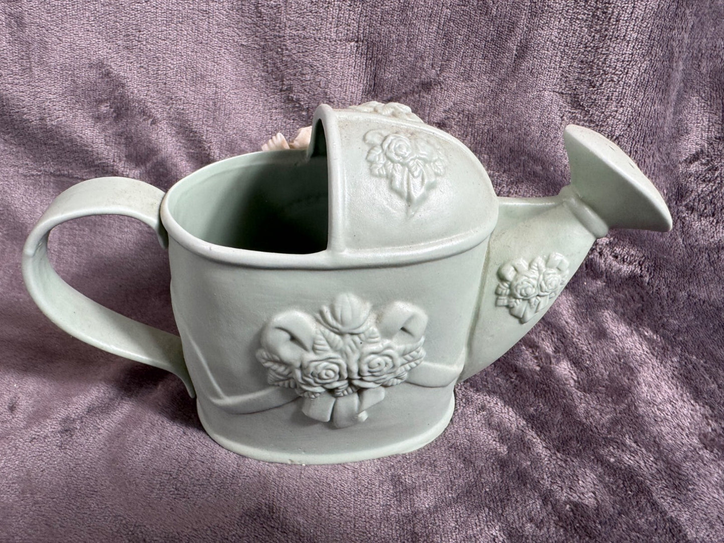 Vintage Ceramic Watering Can With Floral Embellishments & Cherub Design