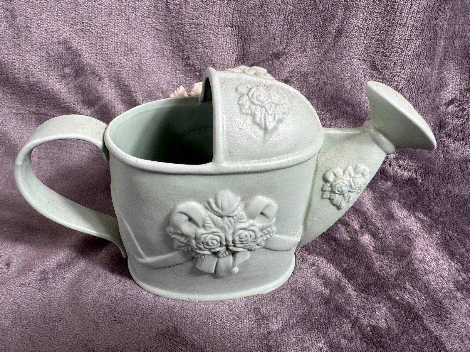 Vintage Ceramic Watering Can With Floral Embellishments & Cherub Design