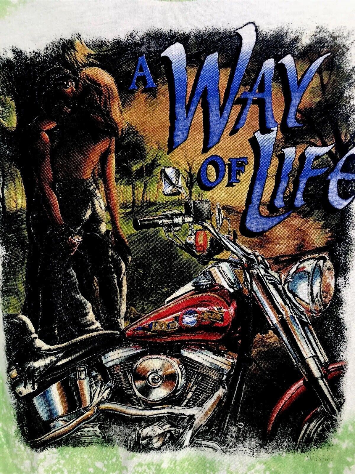 Biker T Shirt Tie Dye Bleached A Way Of Life Womens Distressed Green Small Shirt