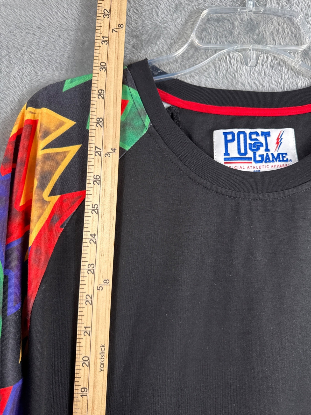 Post Game XL Black Shirt With Multicolor Geometric Sleeves & Logo