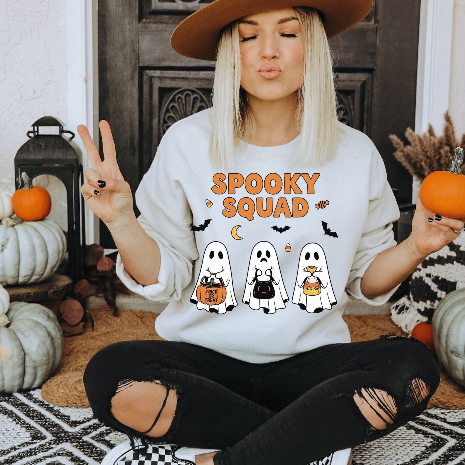 Womans Halloween Spooky Squad Sweatshirt Cute Ghost Pullover Fall Unisex Season