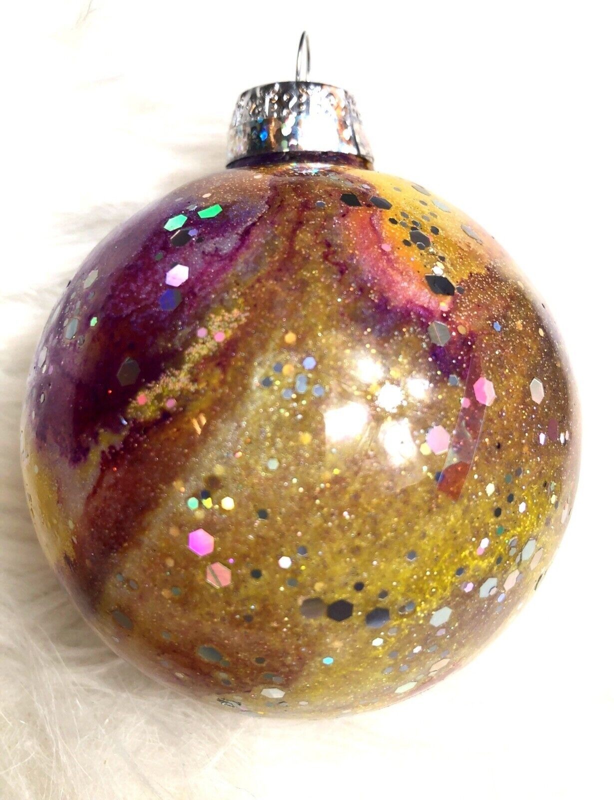 Handmade Purple & Gold Glitter Swirl Christmas Ornament Ball