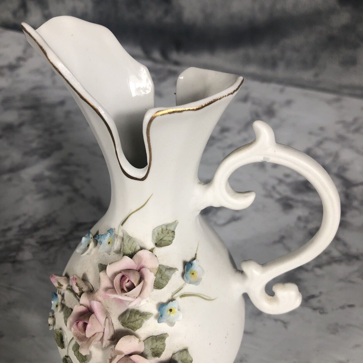 Lefton China 3D Rose Blue Flowers Pitcher 6"h Vase 4.25"h Vintage 