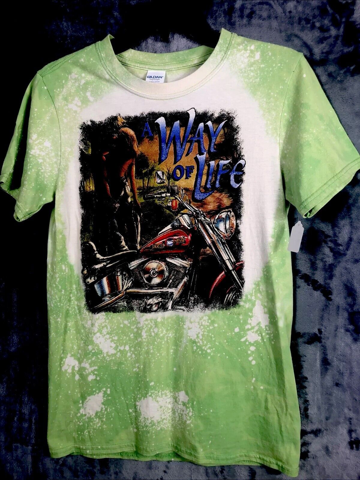 Biker T Shirt Tie Dye Bleached A Way Of Life Womens Distressed Green Small Shirt