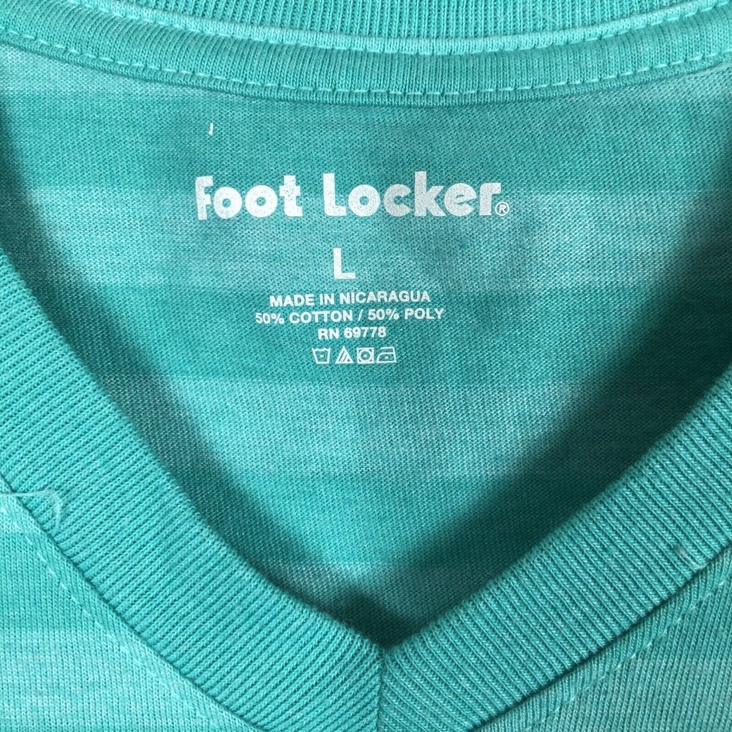 Foot Locker Mens Large Teal V-Neck Striped Short Sleeve Shirt 50% Cotton 50% Pol