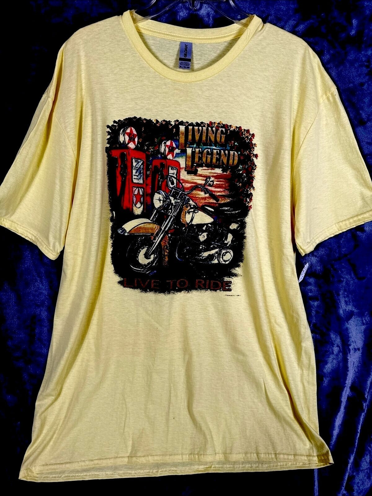 Gildan Unisex Biker T Shirt Living Legend Motorcycle Graphic Shirt XL Yellow Top
