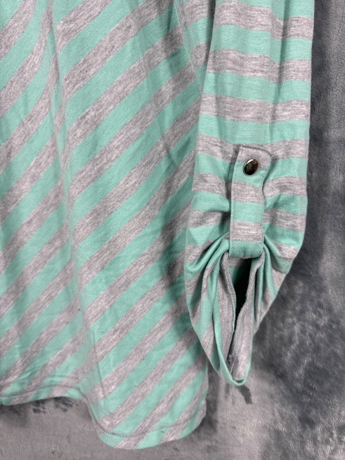 Ruby Rd. Shirt Womens Striped Top With Button Cuffs Mint & Gray Size M Blouse