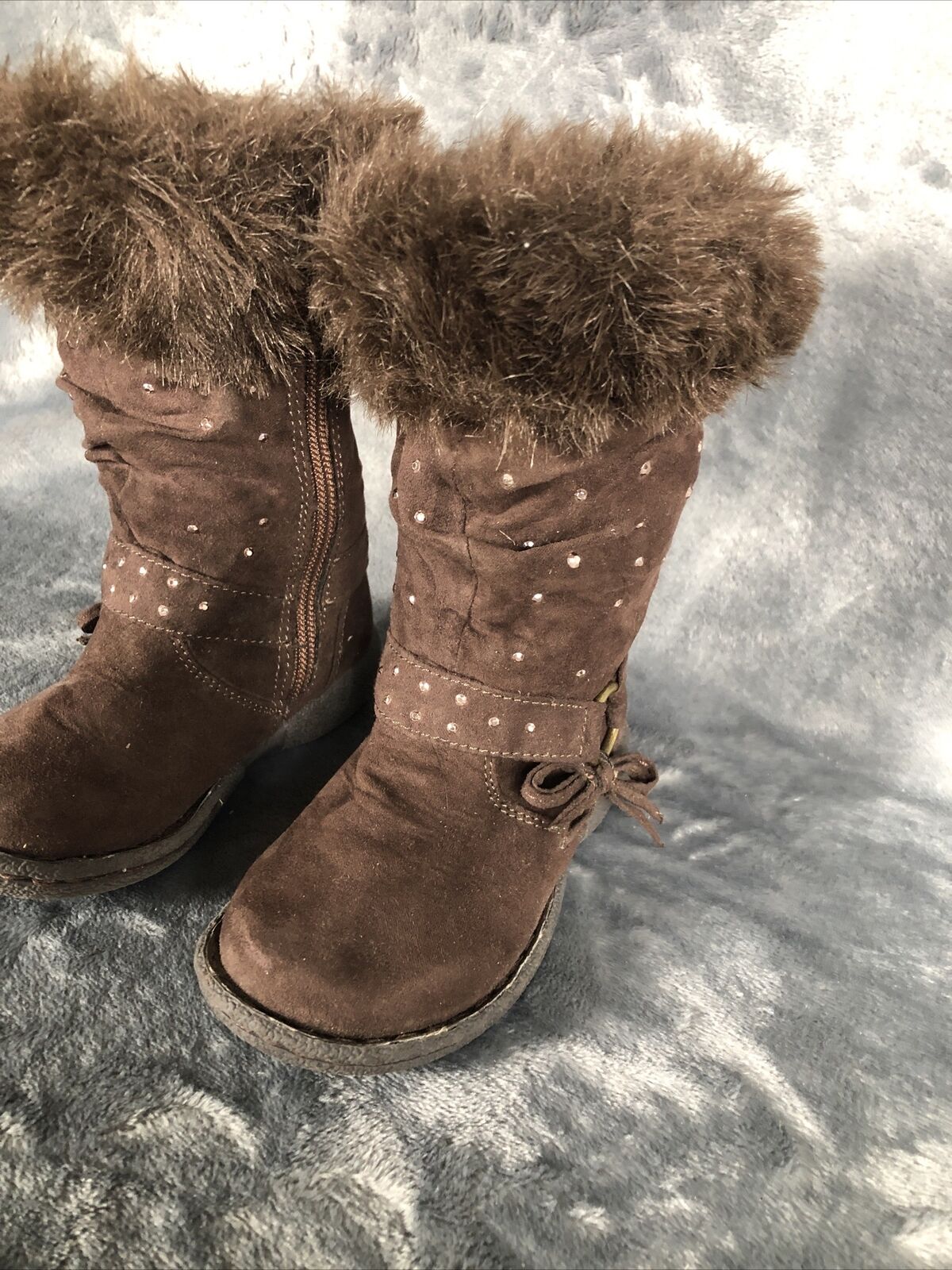 Girls Boots Brown Piper Bling Boots Faux Fur Tops Size 7