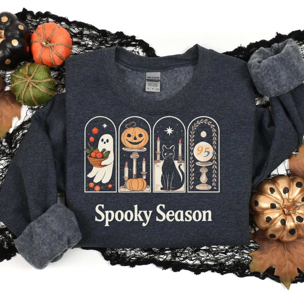 Womans Halloween Sweatshirt Spooky Season Retro Pumpkin Ghosts Spooky Cat Top